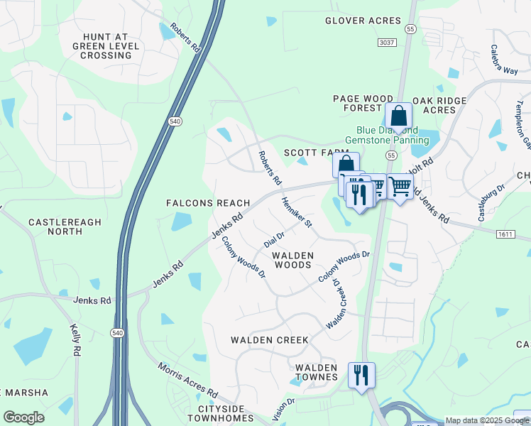 map of restaurants, bars, coffee shops, grocery stores, and more near 2111 Peabody Place in Apex