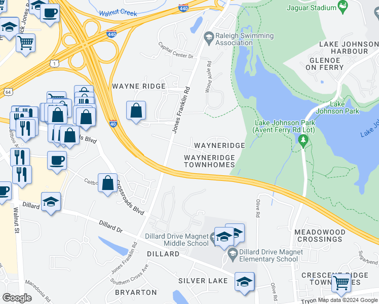 map of restaurants, bars, coffee shops, grocery stores, and more near 1603 Roanoke Court in Raleigh