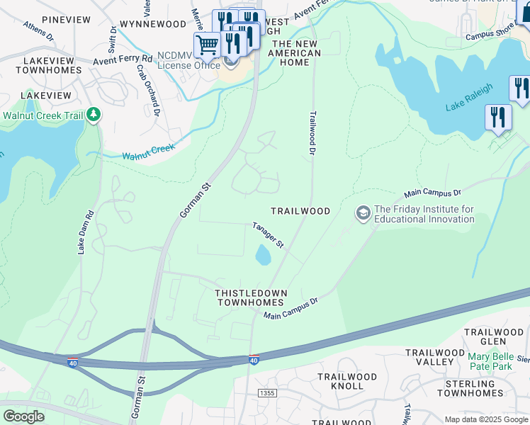 map of restaurants, bars, coffee shops, grocery stores, and more near 3120 Tanager Street in Raleigh
