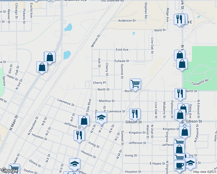map of restaurants, bars, coffee shops, grocery stores, and more near 1404 Cherry Street in Muskogee