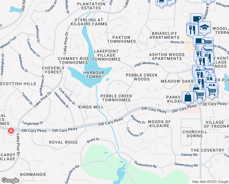 map of restaurants, bars, coffee shops, grocery stores, and more near 110 Lakeway Court in Cary