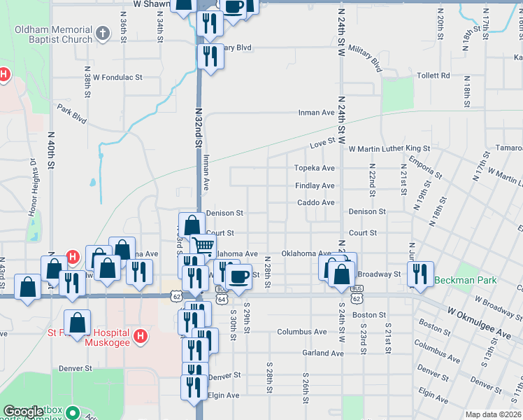 map of restaurants, bars, coffee shops, grocery stores, and more near 519 North 28th Street in Muskogee