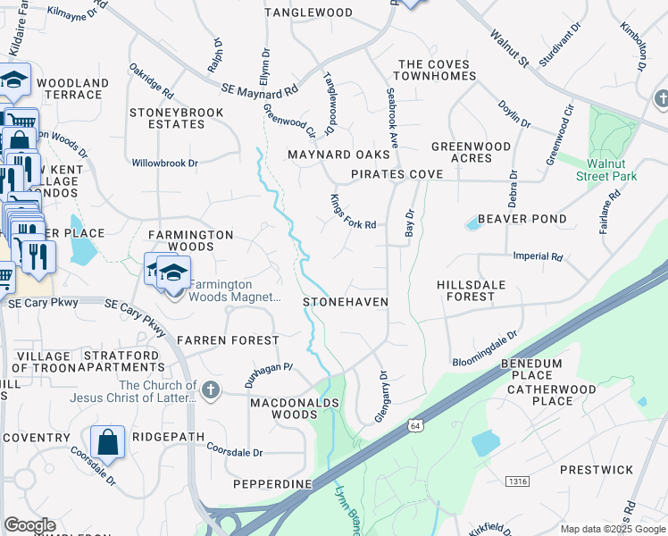 map of restaurants, bars, coffee shops, grocery stores, and more near 113 Dorchester Pines Court in Cary
