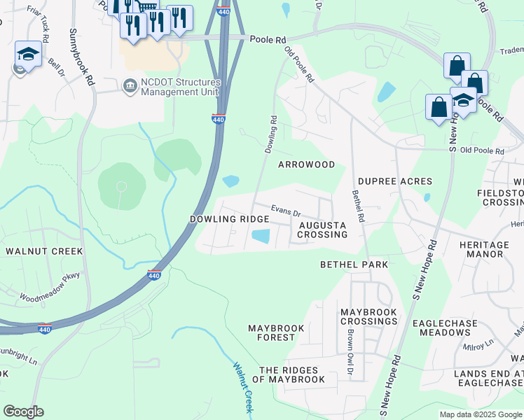 map of restaurants, bars, coffee shops, grocery stores, and more near 1425 Dowling Road in Raleigh