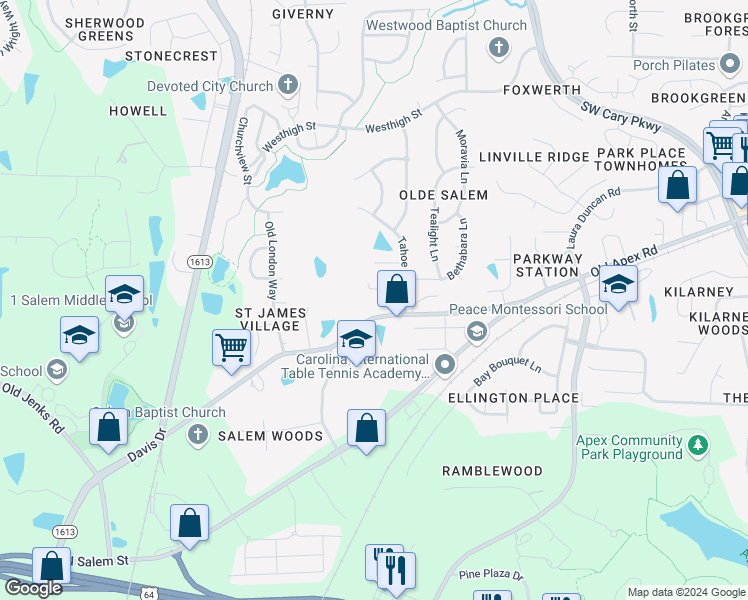 map of restaurants, bars, coffee shops, grocery stores, and more near 1509 Salem Church Road in Apex