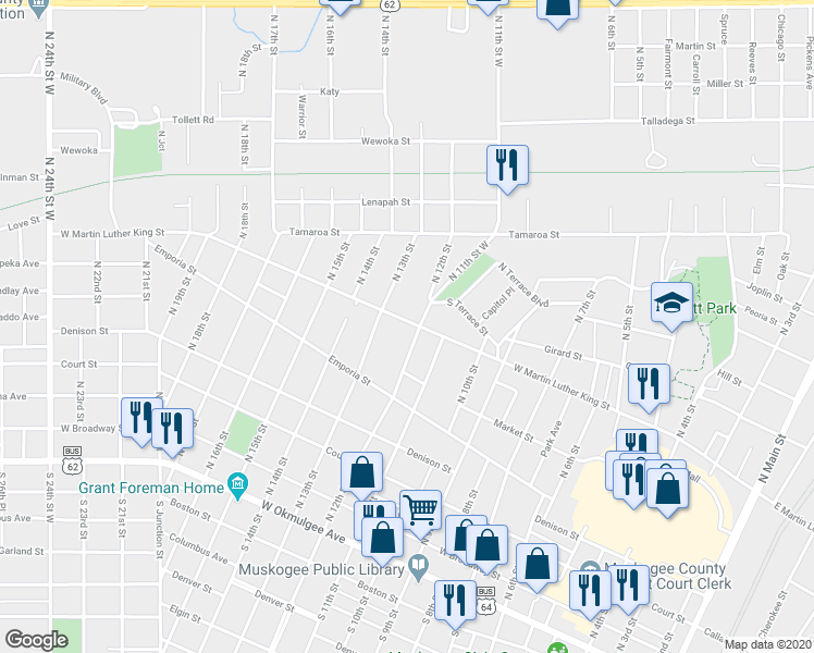 map of restaurants, bars, coffee shops, grocery stores, and more near 555 North 12th Street in Muskogee