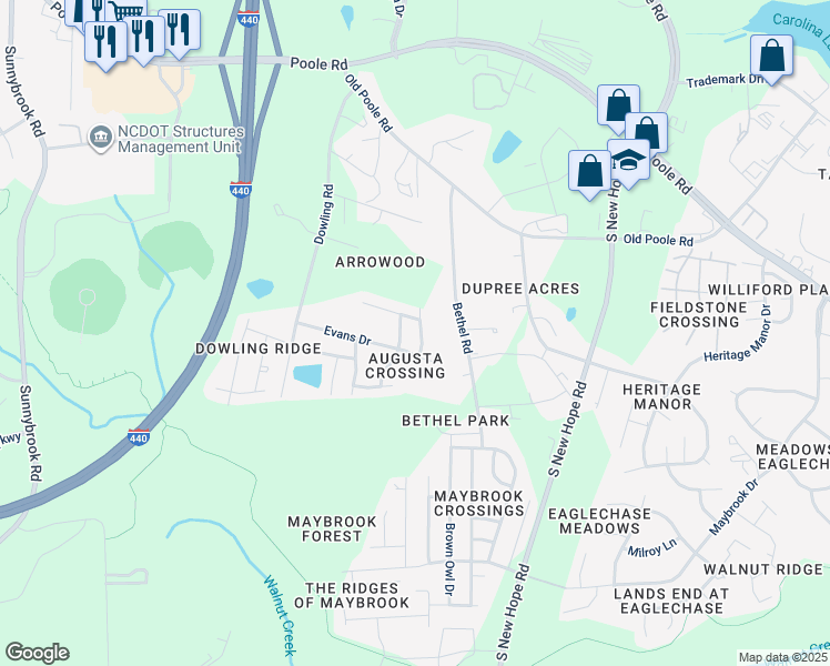 map of restaurants, bars, coffee shops, grocery stores, and more near 1418 Butler Cabin Drive in Raleigh