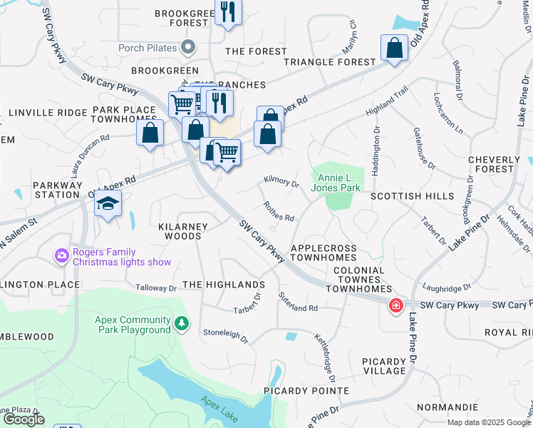 map of restaurants, bars, coffee shops, grocery stores, and more near 1315 Rothes Road in Cary