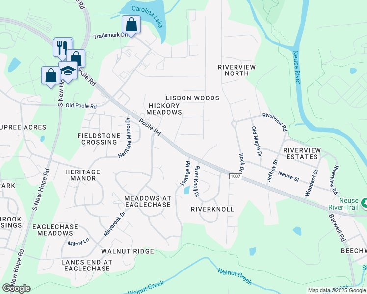 map of restaurants, bars, coffee shops, grocery stores, and more near 5405 Poole Road in Raleigh