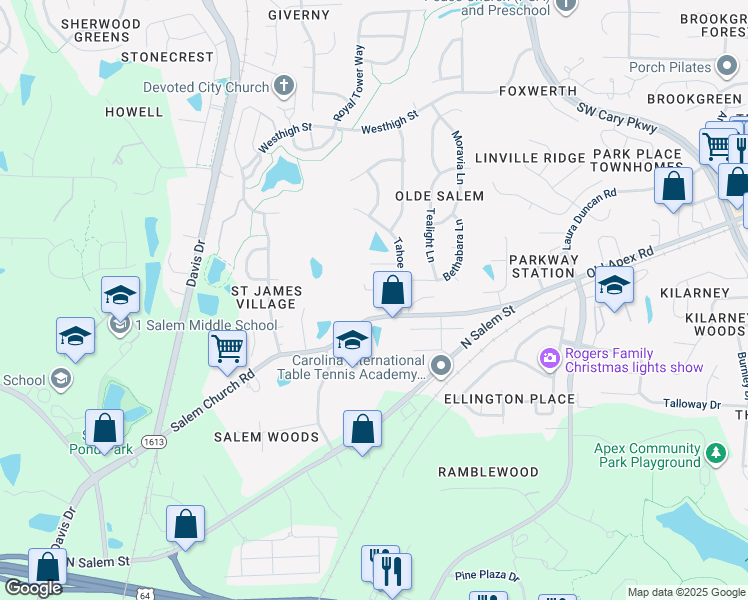 map of restaurants, bars, coffee shops, grocery stores, and more near 1509 Salem Church Road in Apex