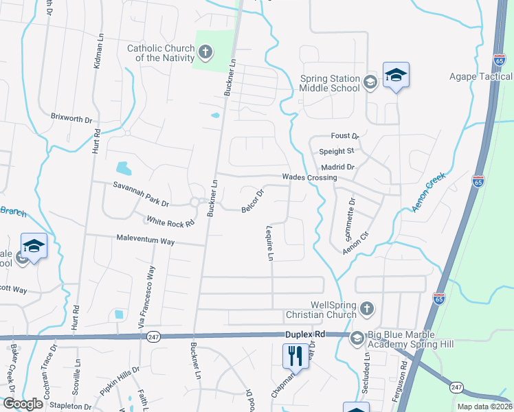 map of restaurants, bars, coffee shops, grocery stores, and more near 1029 Belcor Drive in Spring Hill