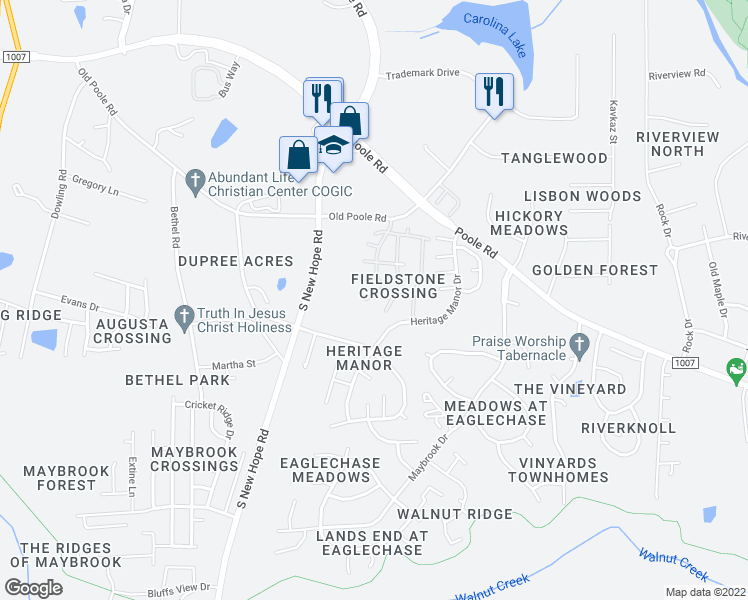 map of restaurants, bars, coffee shops, grocery stores, and more near 4908 Blue Rock Court in Raleigh