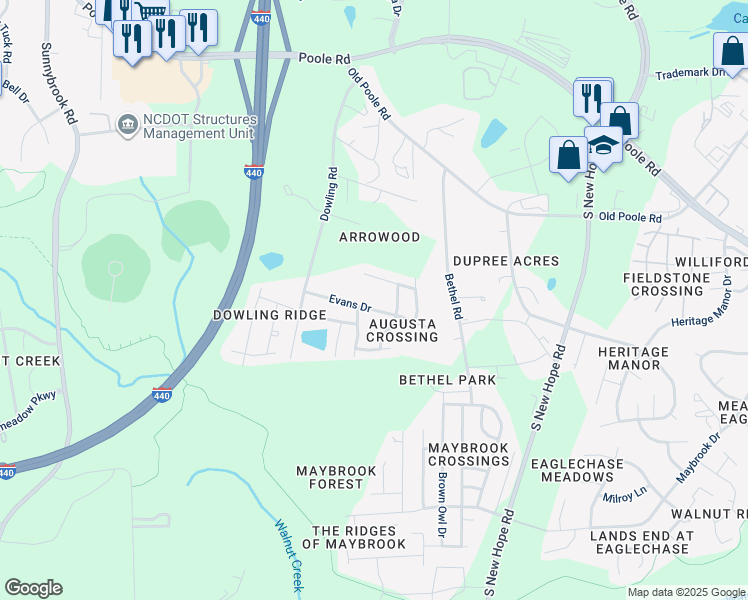 map of restaurants, bars, coffee shops, grocery stores, and more near 4015 Evans Drive in Raleigh