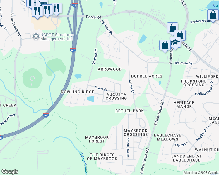 map of restaurants, bars, coffee shops, grocery stores, and more near 4015 Evans Drive in Raleigh