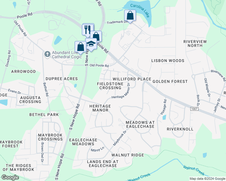 map of restaurants, bars, coffee shops, grocery stores, and more near 1416 Stone Manor Drive in Raleigh