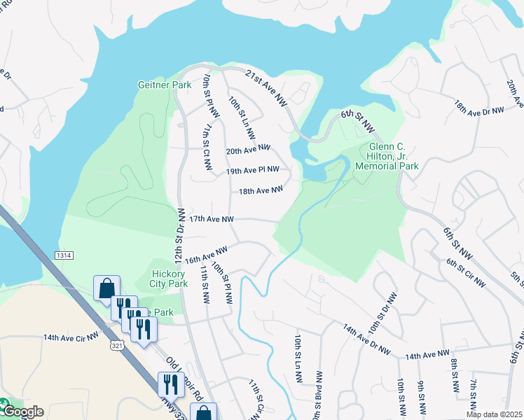 map of restaurants, bars, coffee shops, grocery stores, and more near 1054 17th Avenue Northwest in Hickory