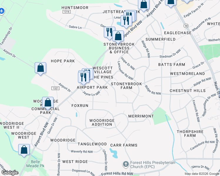 map of restaurants, bars, coffee shops, grocery stores, and more near 3407 Jayne Lane Northwest in Wilson
