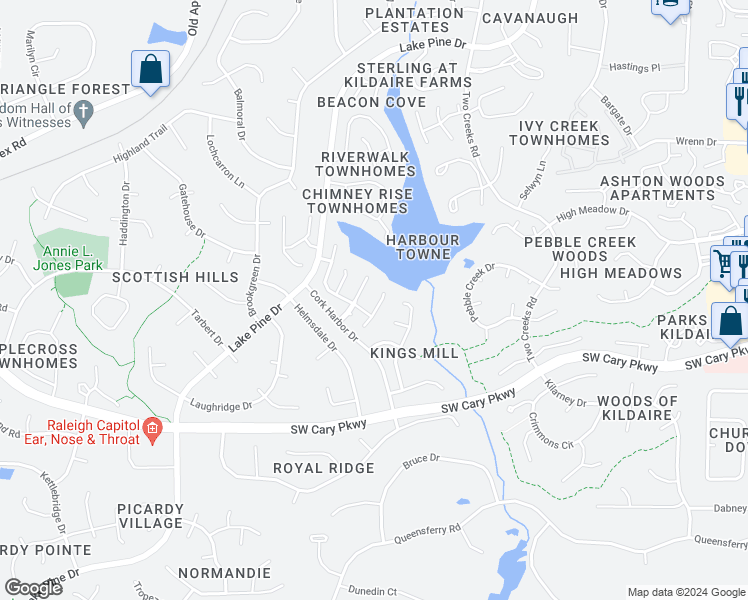 map of restaurants, bars, coffee shops, grocery stores, and more near 105 Leeward Court in Cary