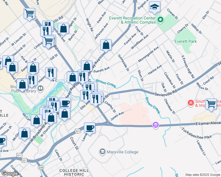 map of restaurants, bars, coffee shops, grocery stores, and more near 507 Keeble Street in Maryville