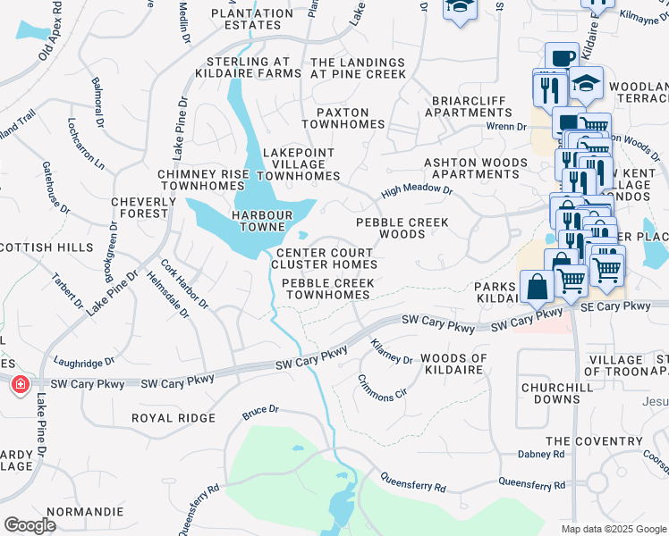 map of restaurants, bars, coffee shops, grocery stores, and more near 451 Pebble Creek Drive in Cary