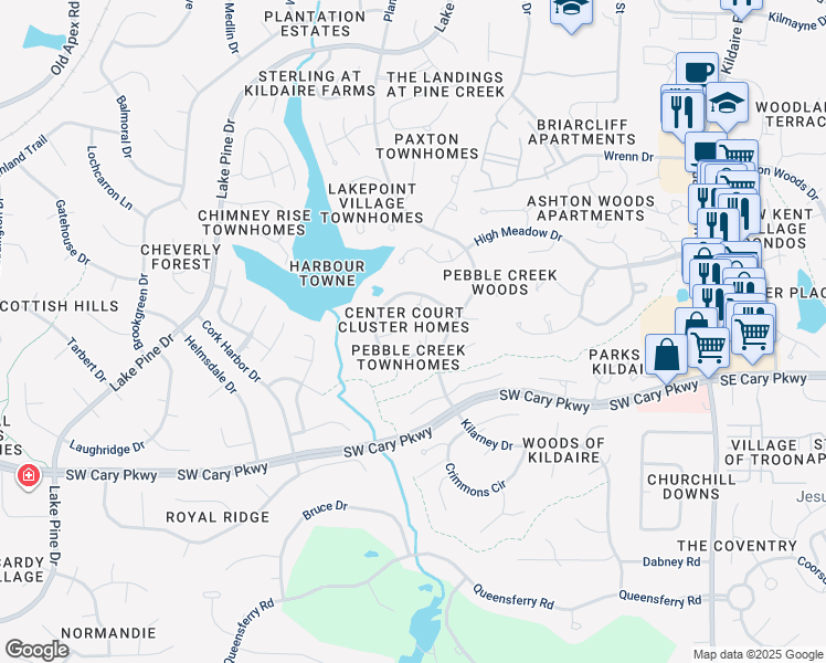 map of restaurants, bars, coffee shops, grocery stores, and more near 451 Pebble Creek Drive in Cary