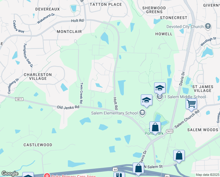 map of restaurants, bars, coffee shops, grocery stores, and more near Littlehills Drive in Apex