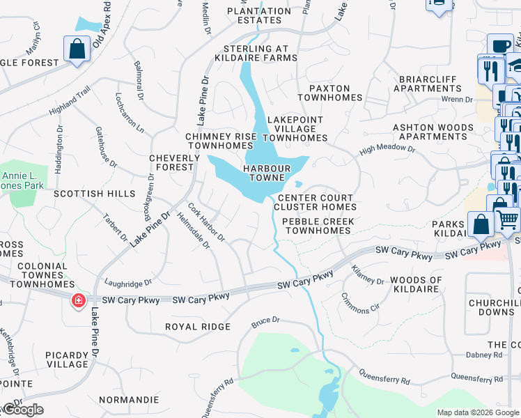map of restaurants, bars, coffee shops, grocery stores, and more near 218 Kingsmill Road in Cary