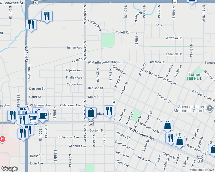 map of restaurants, bars, coffee shops, grocery stores, and more near 2117 Findlay Avenue in Muskogee