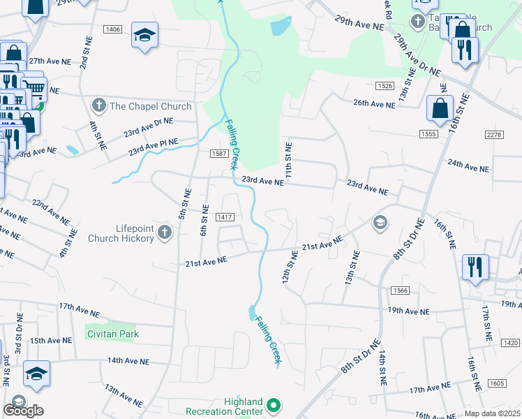 map of restaurants, bars, coffee shops, grocery stores, and more near 1153 21st Avenue Northeast in Hickory
