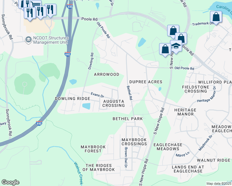 map of restaurants, bars, coffee shops, grocery stores, and more near 1414 Butler Cabin Drive in Raleigh