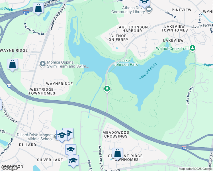 map of restaurants, bars, coffee shops, grocery stores, and more near 4603 Avent Ferry Road in Raleigh