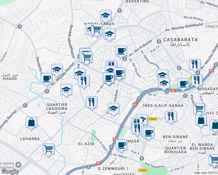 map of restaurants, bars, coffee shops, grocery stores, and more near in Tanger