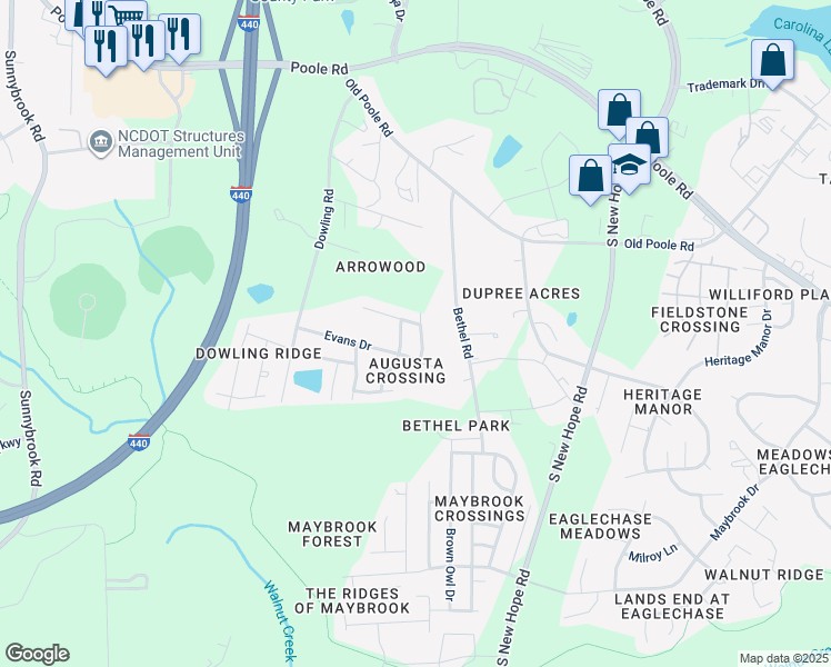 map of restaurants, bars, coffee shops, grocery stores, and more near 1414 Butler Cabin Drive in Raleigh