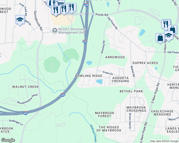 map of restaurants, bars, coffee shops, grocery stores, and more near 3909 Joe and Ruth Lee Drive in Raleigh