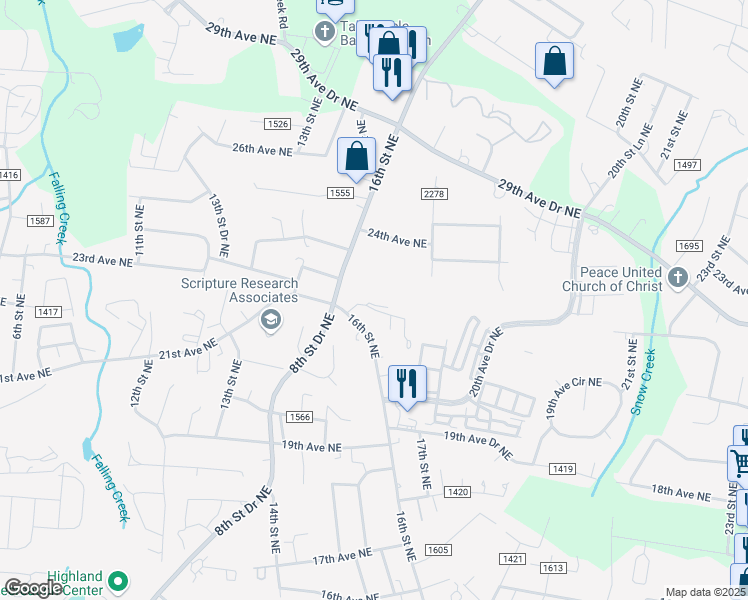 map of restaurants, bars, coffee shops, grocery stores, and more near 1625 20th Avenue Court Northeast in Hickory