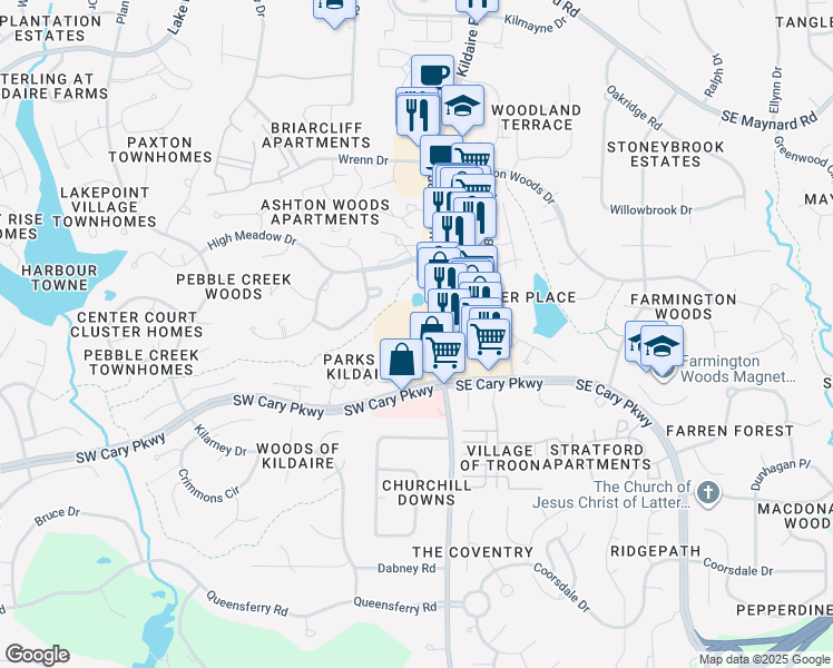 map of restaurants, bars, coffee shops, grocery stores, and more near 111 Shannon Oaks Circle in Cary