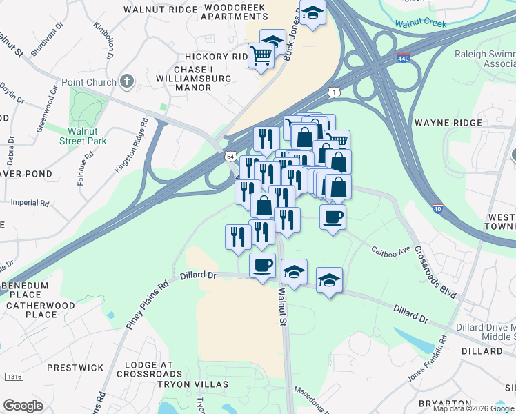map of restaurants, bars, coffee shops, grocery stores, and more near 1910 Walnut Street in Cary