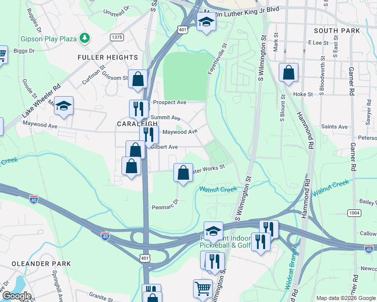 map of restaurants, bars, coffee shops, grocery stores, and more near 112 Gilbert Avenue in Raleigh