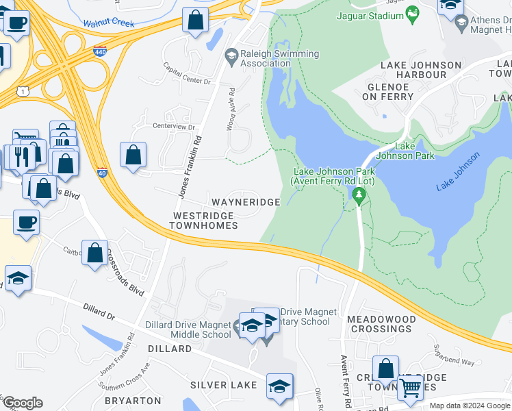 map of restaurants, bars, coffee shops, grocery stores, and more near 5343 Wayne Street in Raleigh