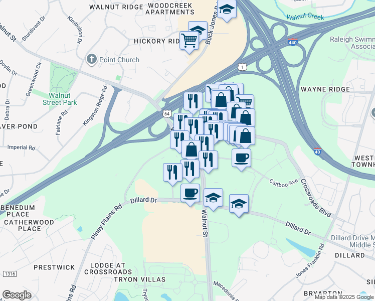 map of restaurants, bars, coffee shops, grocery stores, and more near 1815 Walnut Street in Cary