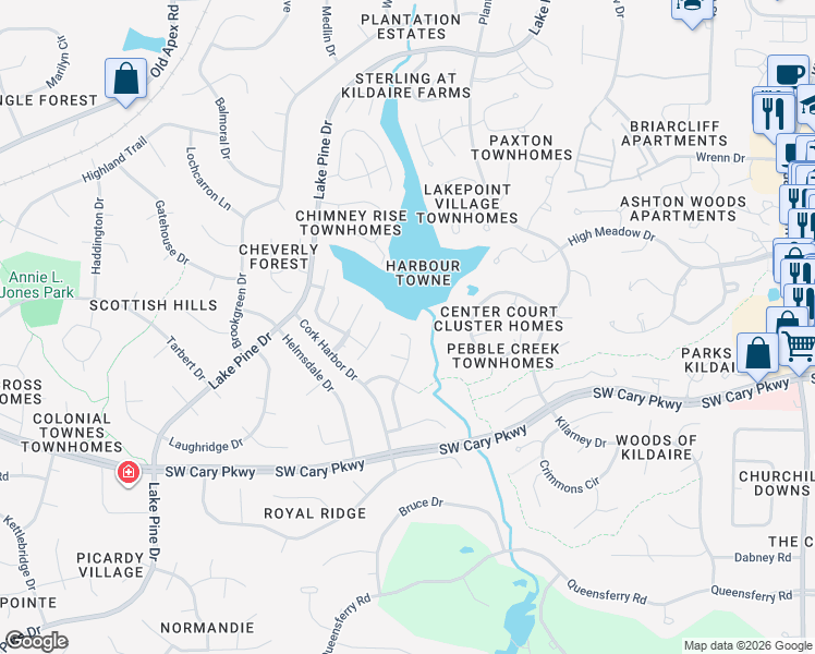 map of restaurants, bars, coffee shops, grocery stores, and more near 218 Kingsmill Road in Cary