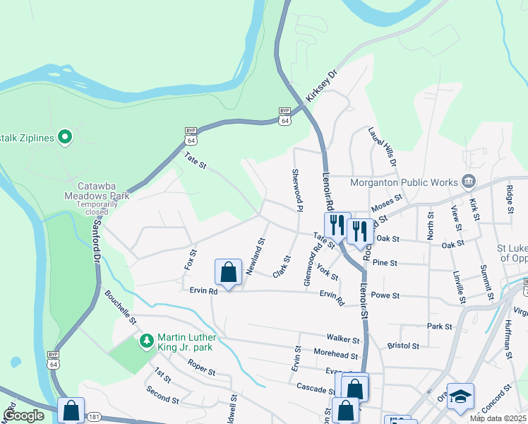 map of restaurants, bars, coffee shops, grocery stores, and more near 100 Furnifold Street in Morganton