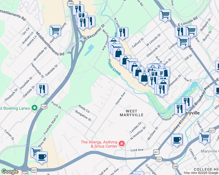 map of restaurants, bars, coffee shops, grocery stores, and more near 311 Atlantic Avenue in Maryville