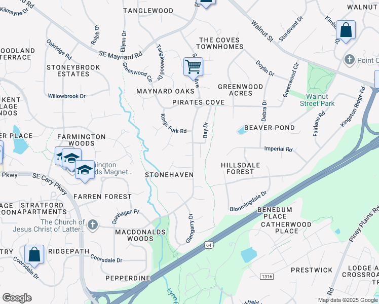 map of restaurants, bars, coffee shops, grocery stores, and more near 1412 Widen Court in Cary