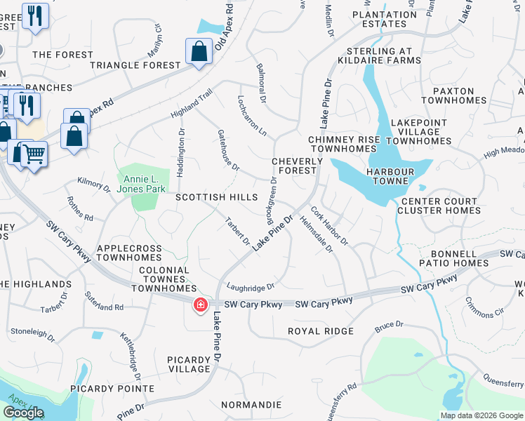 map of restaurants, bars, coffee shops, grocery stores, and more near 1304 Brookgreen Drive in Cary