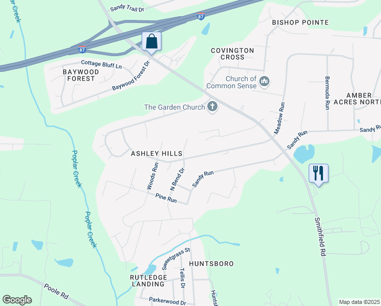 map of restaurants, bars, coffee shops, grocery stores, and more near 202 Meadow Run in Knightdale