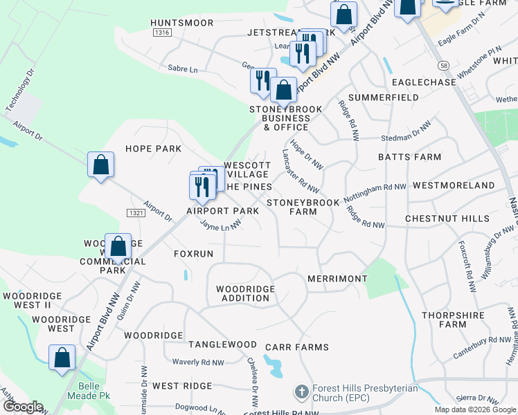 map of restaurants, bars, coffee shops, grocery stores, and more near 3407 Jayne Lane Northwest in Wilson