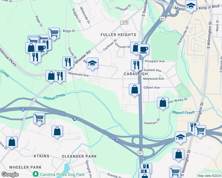 map of restaurants, bars, coffee shops, grocery stores, and more near 1535 Caraleigh Mills Court in Raleigh
