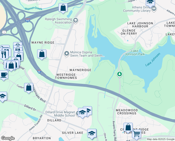 map of restaurants, bars, coffee shops, grocery stores, and more near 5343 Wayne Street in Raleigh