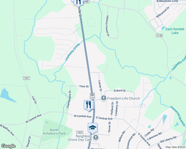 map of restaurants, bars, coffee shops, grocery stores, and more near 116 Golda Avenue in Asheboro